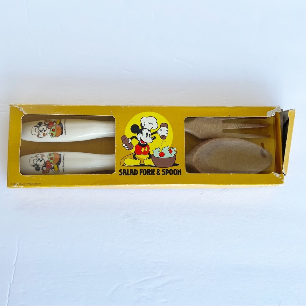 Vintage New Opened Box Walt Disney Productions Salad Fork & Spoon Mickey Mouse